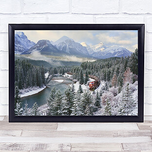 Polar Express Train Winter Rockies Mountains Snow Curve River Wall Art Print