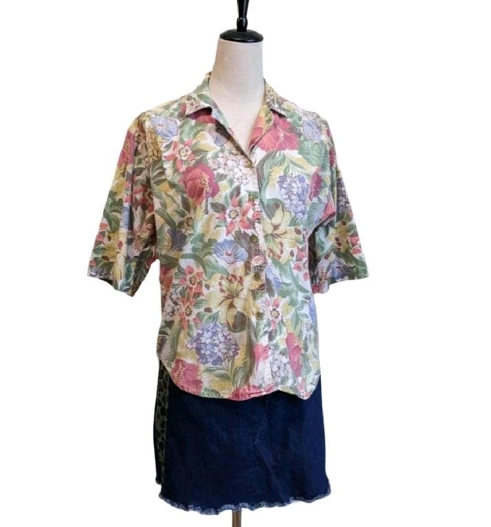 Vintage 80s Rhymes Floral Button Up Shirt Womens Large Cottagecore Blouse