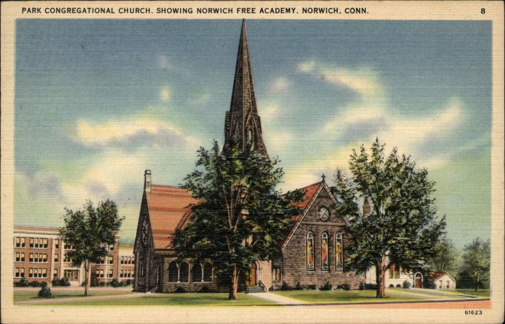 Norwich Connecticut ~ Park Congregational Church ~ linen postcard mailed 1950