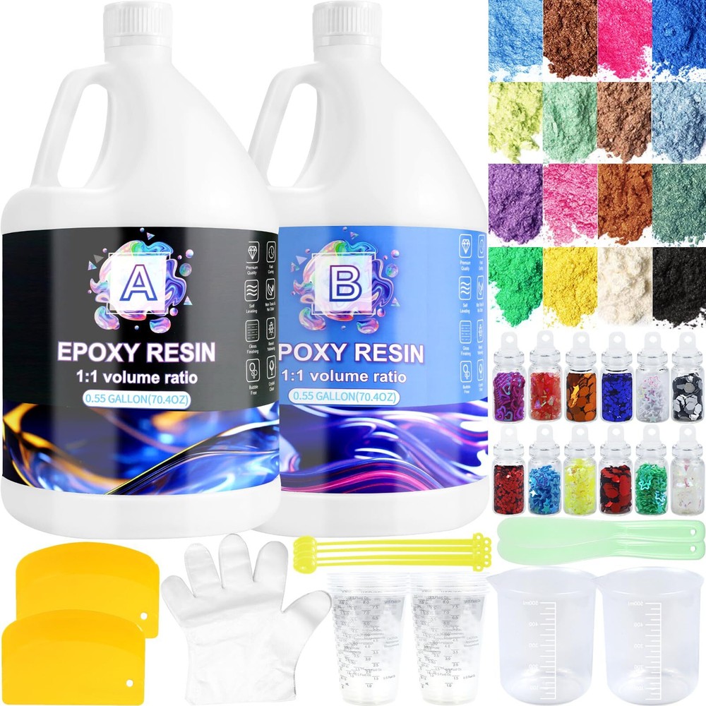 Clear High-Gloss Epoxy Resin Kit - 1.1 Gallon Self-Leveling for Crafts