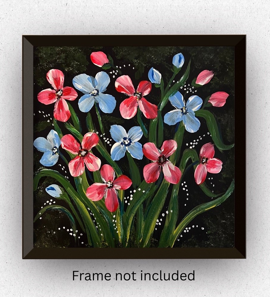 8x8” Pink & Blue Flower Blossoms Floral Impressionist Art Acrylic Paper Original