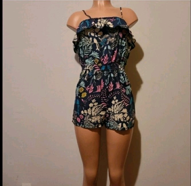 Mossimo Supply Co Women's Floral Navy Multicolor Romper S Off-the-Shoulder