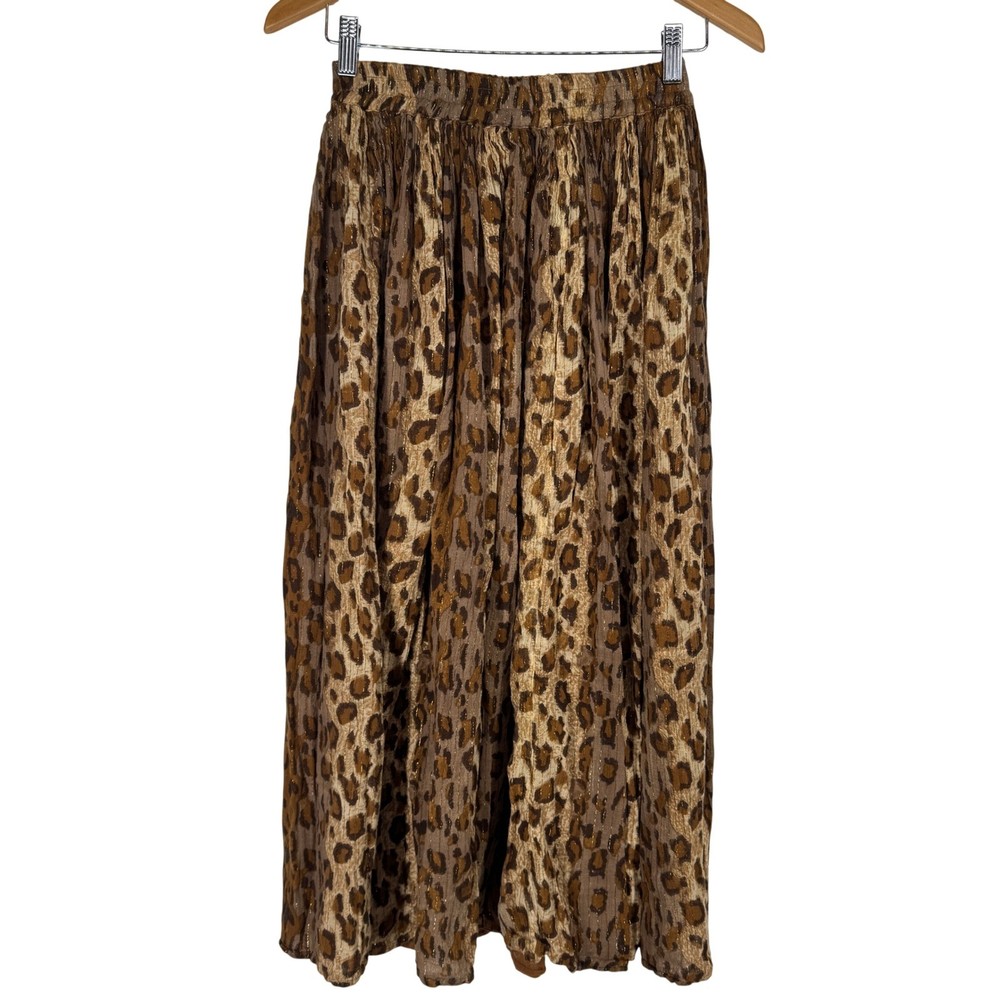Womens Leopard Metallic Gauzy Maxi Skirt Pull On Brown Tan Boho Indi Festival