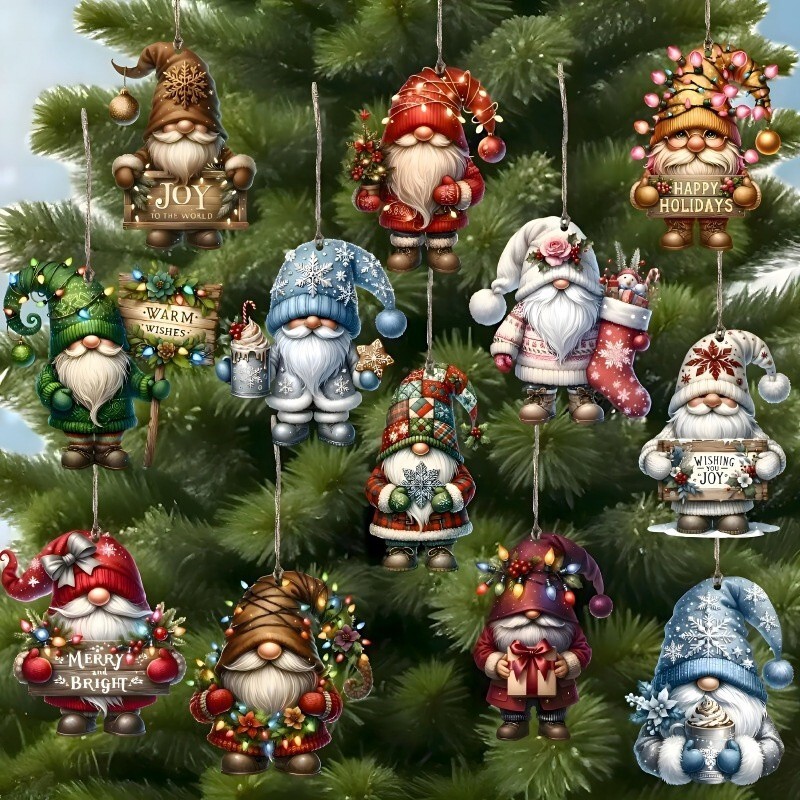 12PCS Handcrafted Wooden Christmas Gnome Hanging Ornaments Christmas Tree Gift