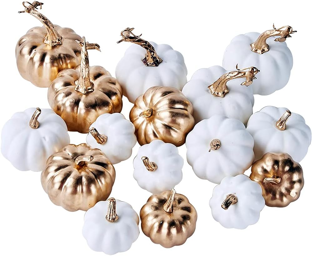 16-Piece Fall Decor Set - White & Gold Faux Pumpkins for Harvest