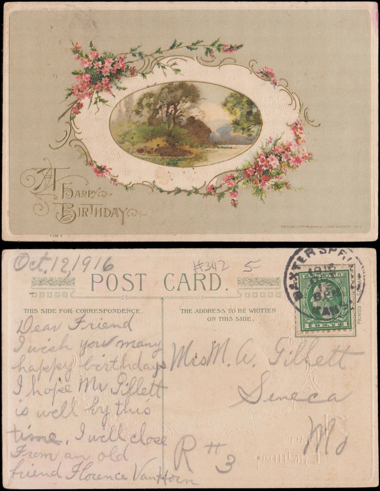 birthday greetings, pink bouquets flowers with house by lake inset, embossed