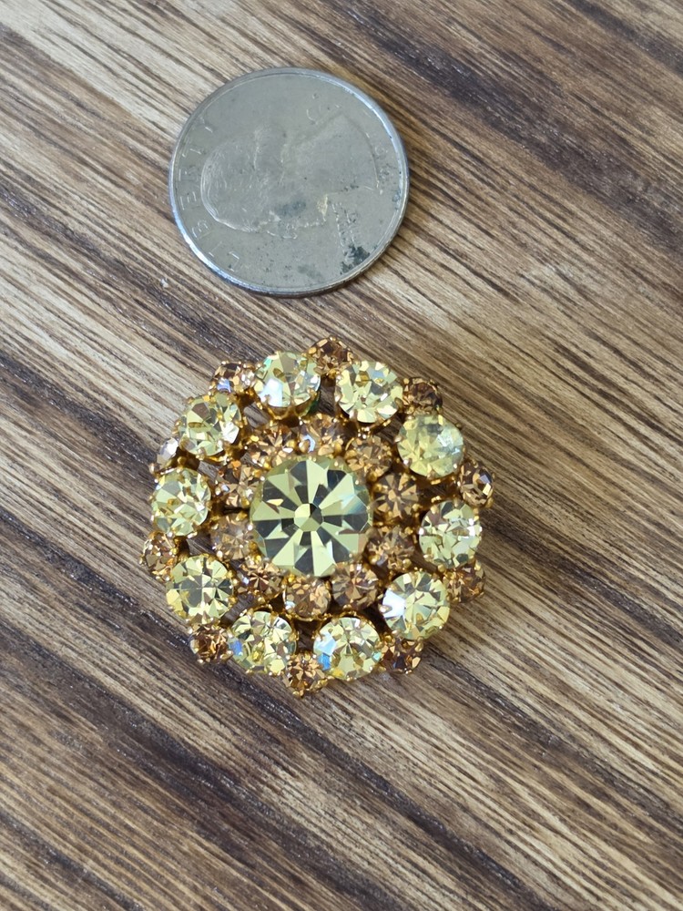 Vintage Karu Rhinestone Dome Brooch Pin Mid Century Green & Amber