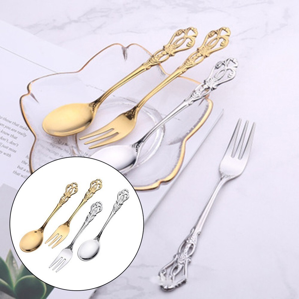 Retro Golden Spoon Fork Cutlery Kit Stainless Steel Coffee Dessert Utensils