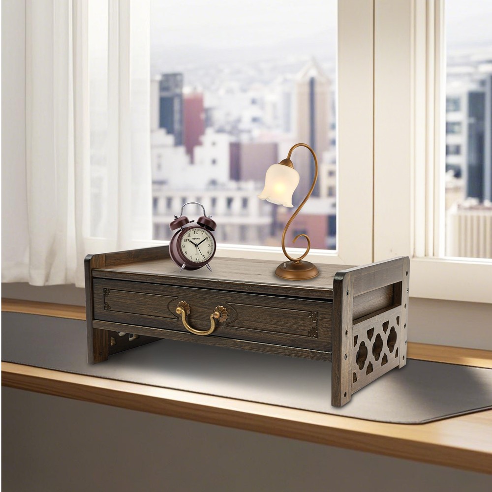 Retro Bamboo Desktop Stand w/Drawer, 100kg Load, Walnut Finish, 42x25cm