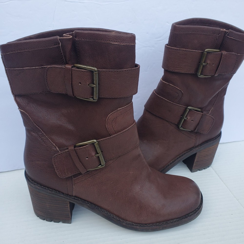 Sam Edelman Women’s Troy Brown Leather Moto Block Heel Boots Size 8.5M