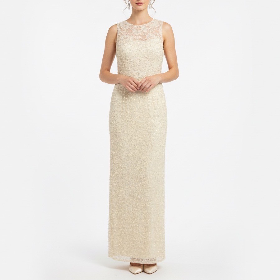 Sean Collection Beaded Sequin Embellished Maxi Dress Formal Gown Ivory Size L