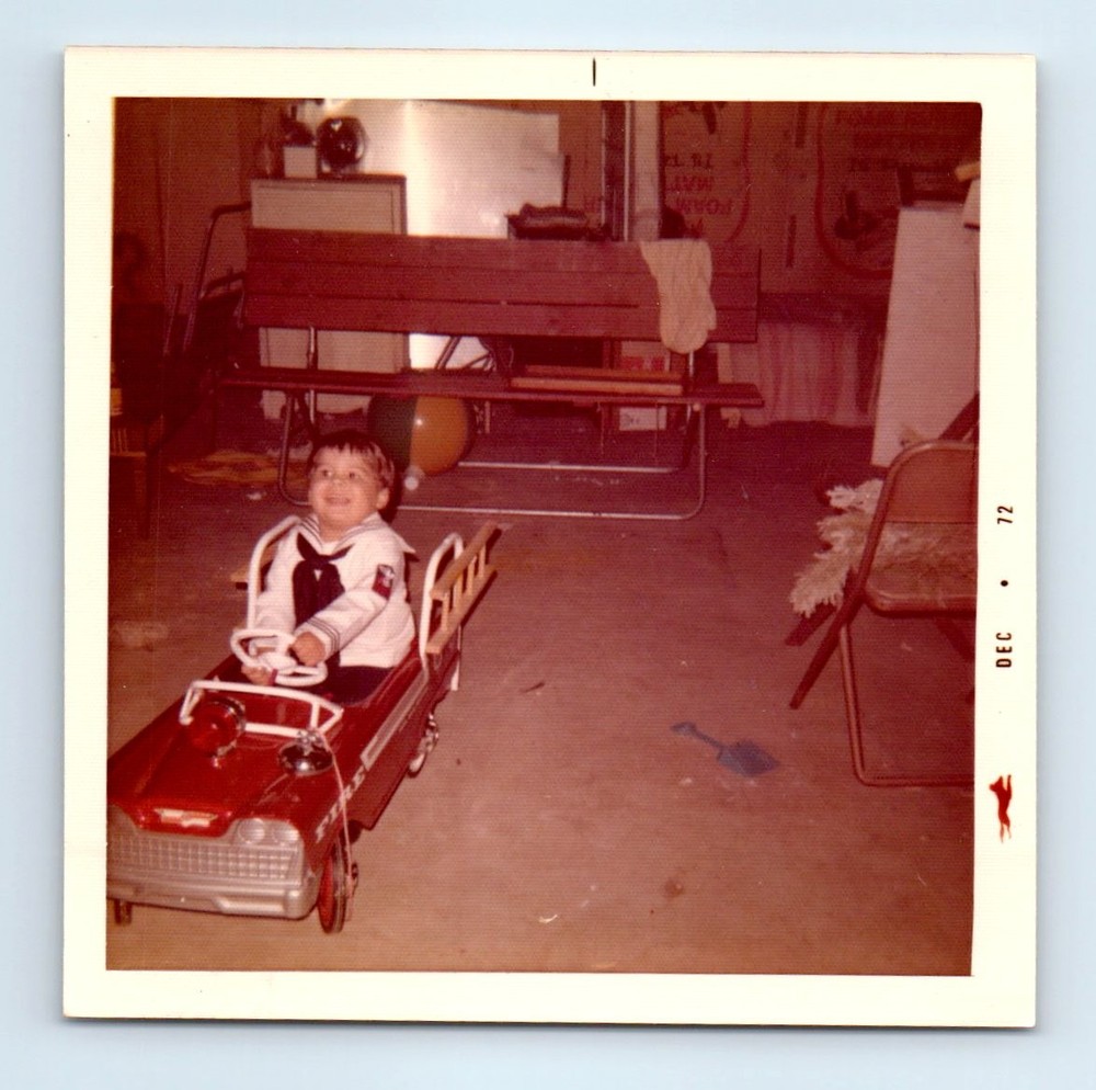 Old Vintage Square Color Photo SOLO BOY SAILOR OUTFIT PEDAL CAR FIRE TRUCK PIC