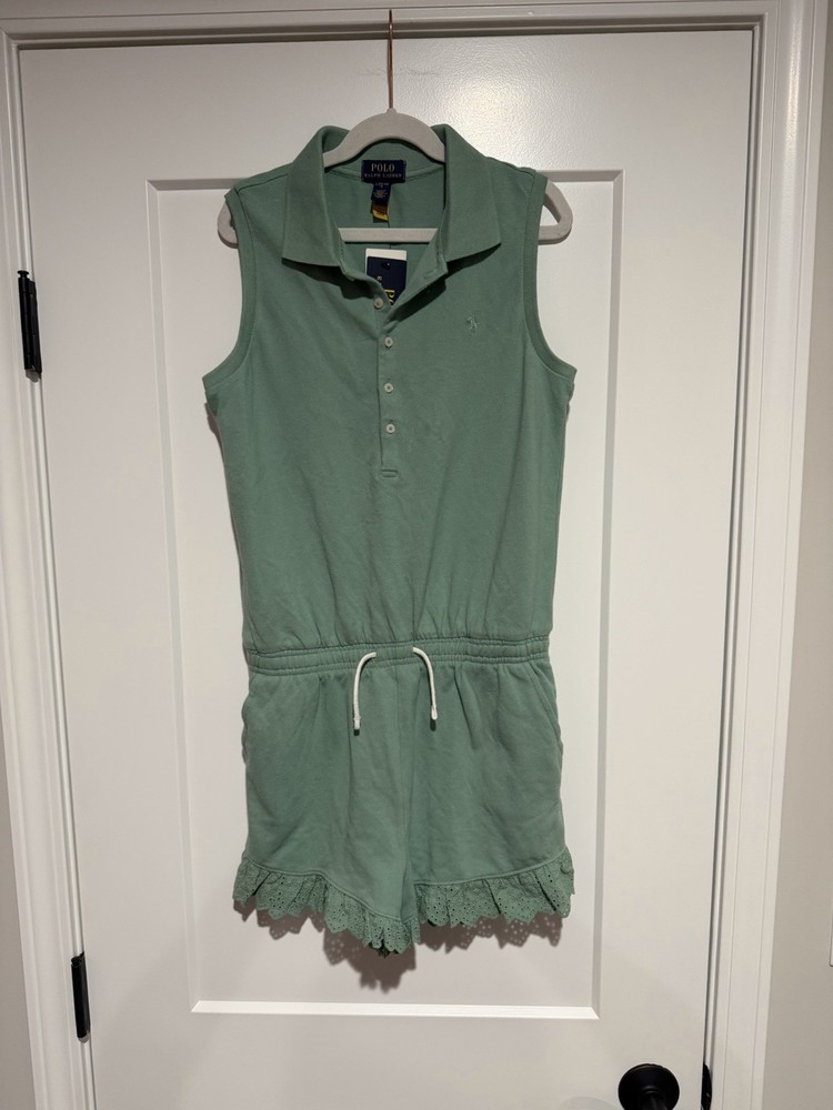 NWT Polo Ralph Lauren Romper Kids Large 12/14 Sage Green Eyelet Lace Trim
