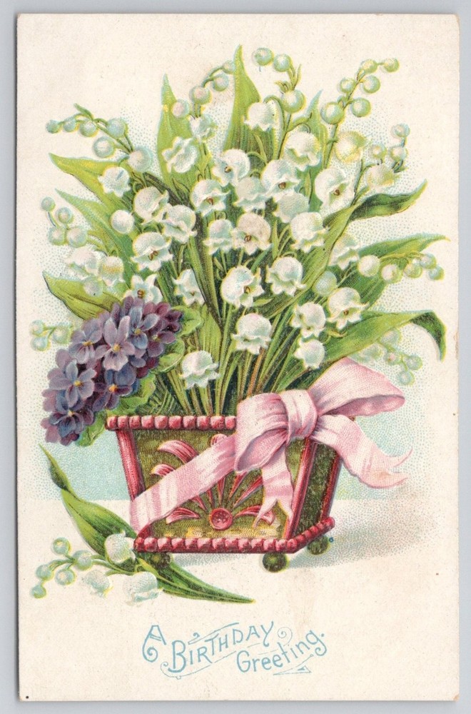 Vintage Embossed Lily of the Valley Birthday Greeting Postcard Germany