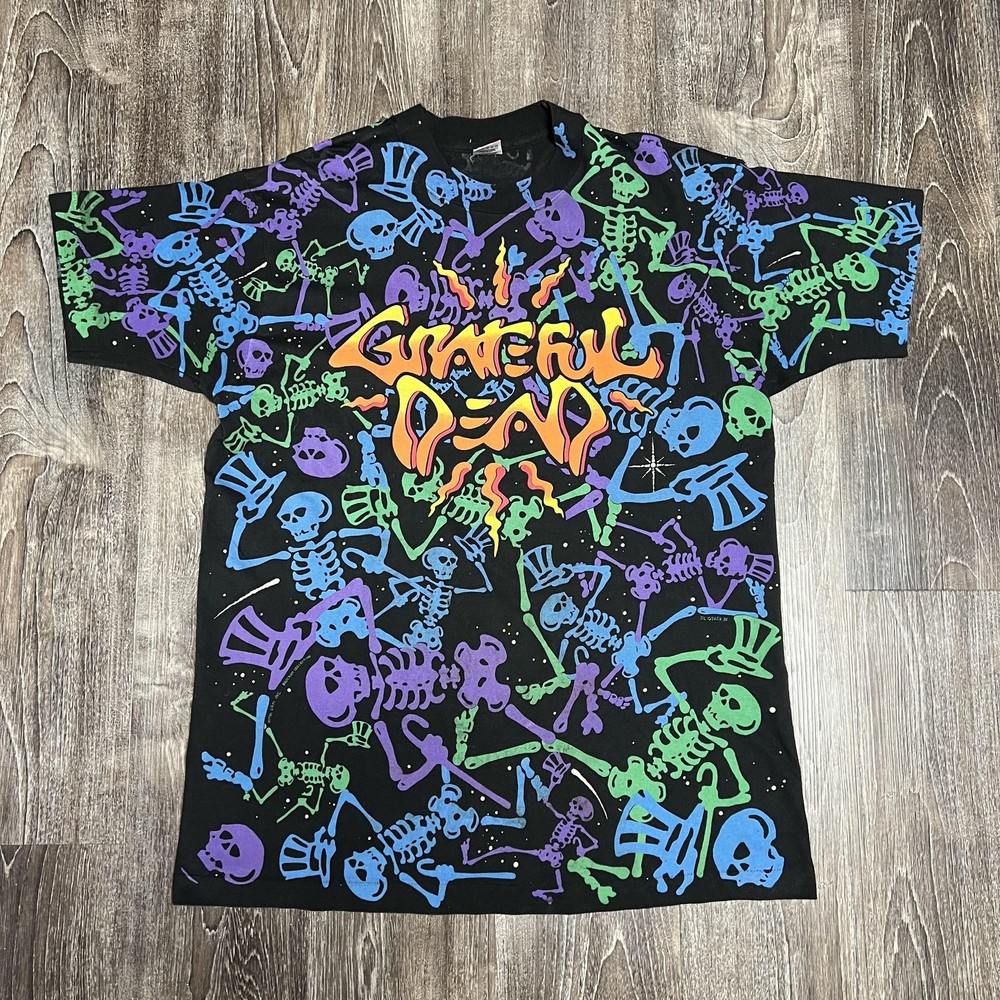 Vintage Grateful Dead Shirt Mens XL Black Skeleton All Over Print Brockum 90s