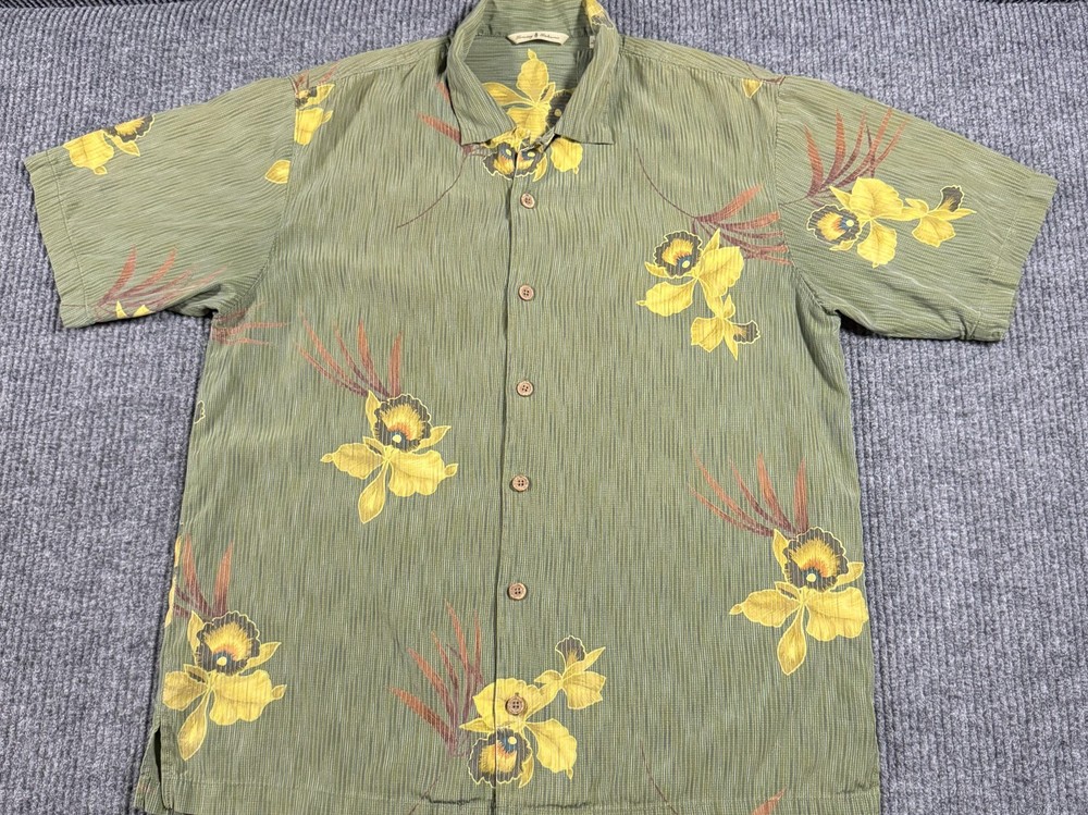 Tommy Bahama Shirt Mens Medium Floral Silk Blend Camp Button Up Green Yellow