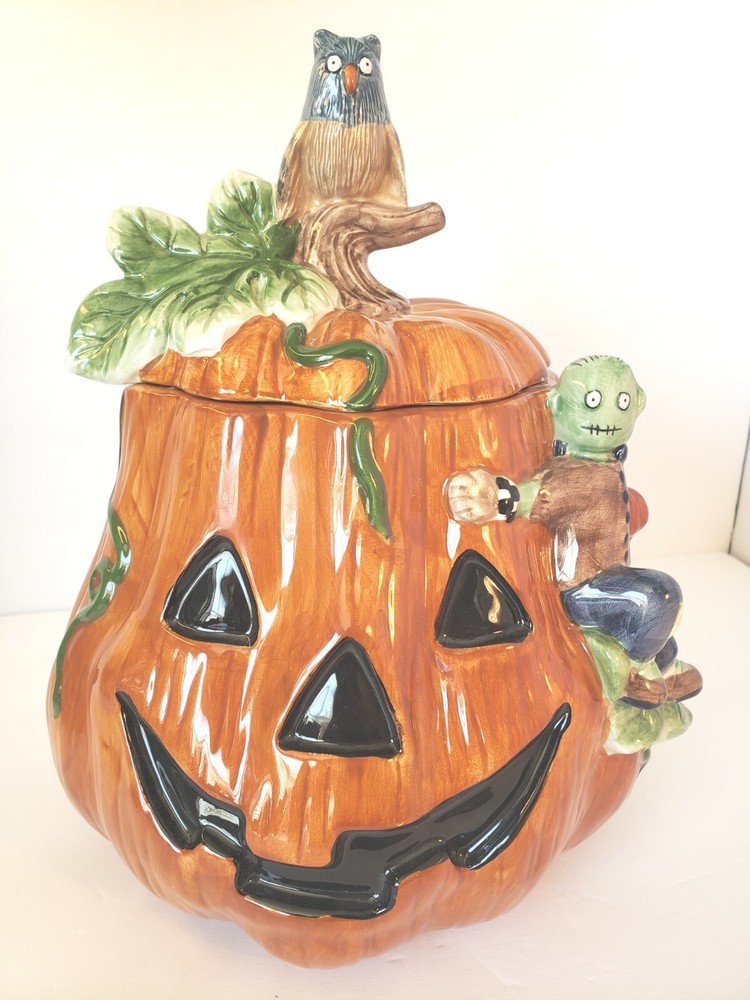 VTG Debbie Mumm Sakura  Halloween Pumpkin Zombie & Owl Cookie Jar Candy Decor