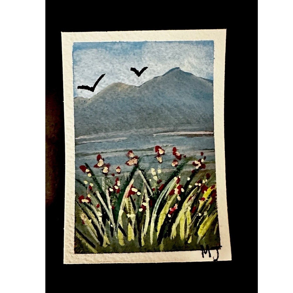ACEO Original Gouache 3.5 x 2.5 mountains landscape painting