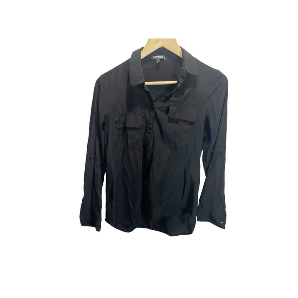 Express Blouse Women's XS Black Button Up Pockets Top Flowy Career
