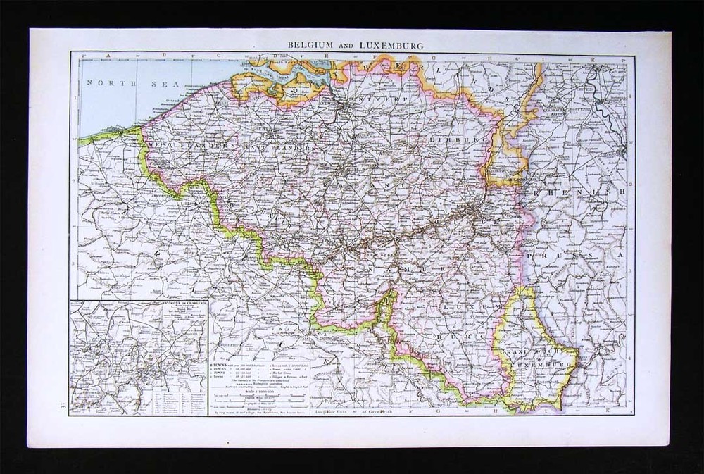 1896 Times Atlas Map Belgium Luxemburg Brussels Liege Ghent Antwerp Lille France