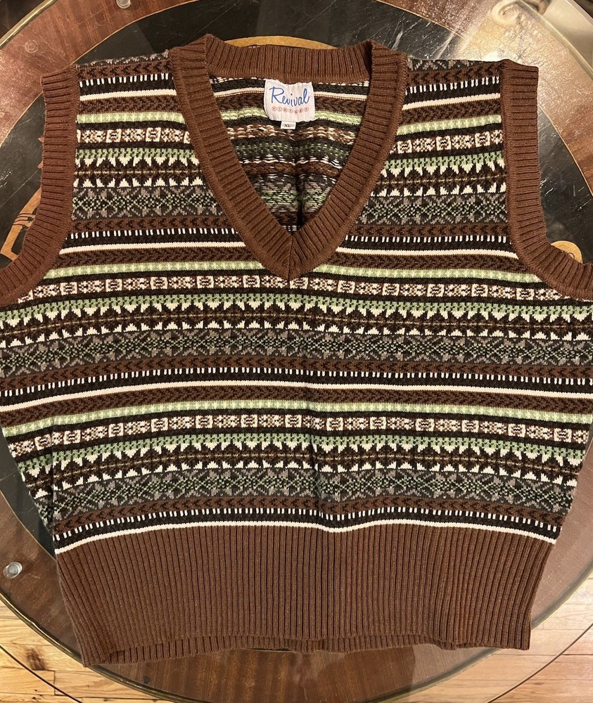 REVIVAL VINTAGE 1930’s/1940’s Retro UK Brown Fair Isle Wool Sweater Vest XL