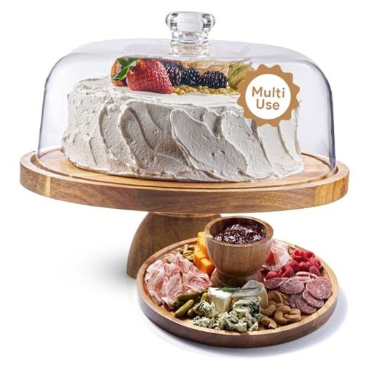 12in Acacia Wood Cake Stand with Lid - 2-in-1 Dessert Display Holder-image