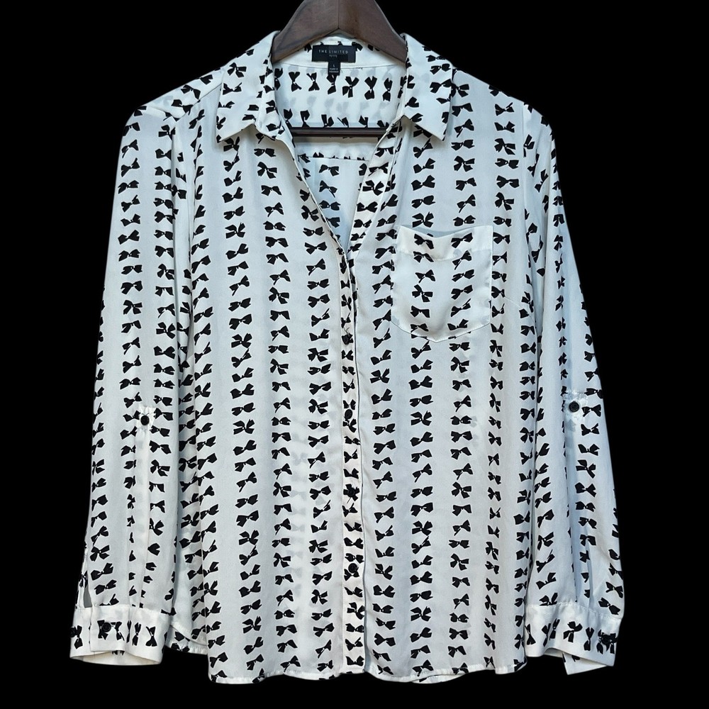 The Limited Size PL White Black Bow Print Button Down Blouse Roll Tab Sleeve