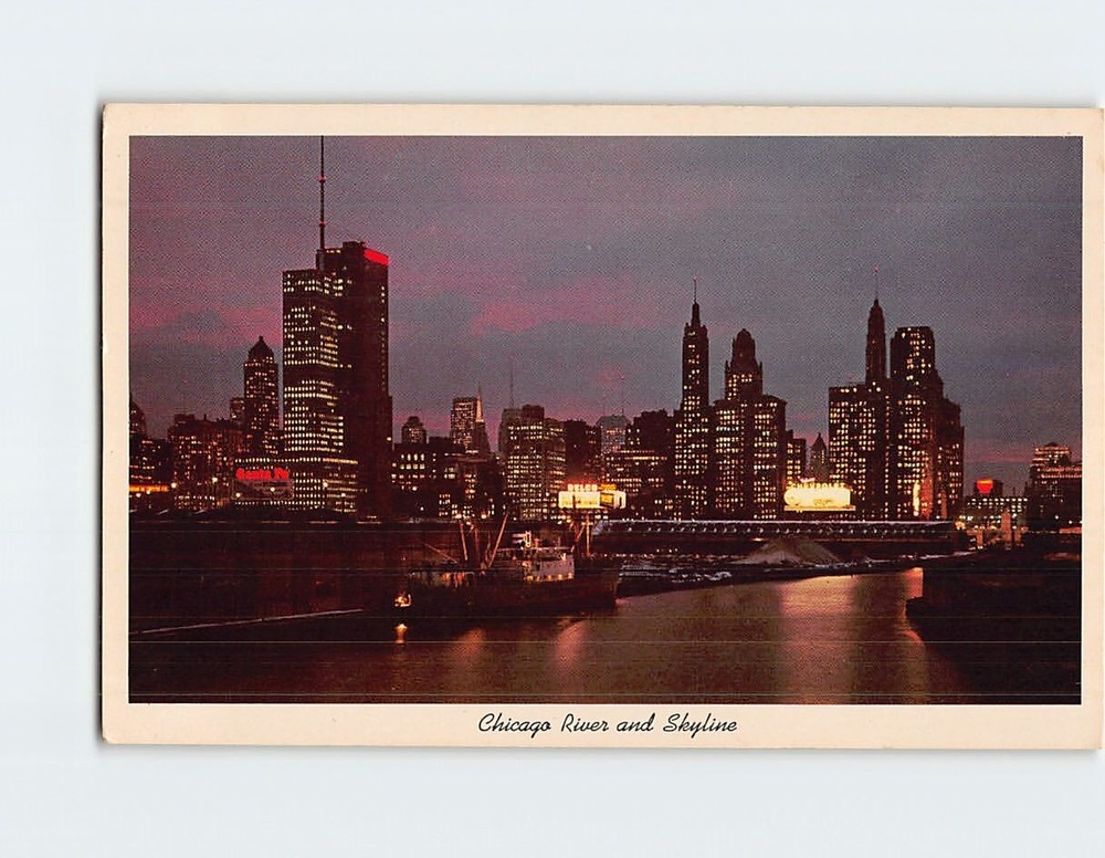 Postcard Chicago River & Skyline at Night Chicago Illinois USA