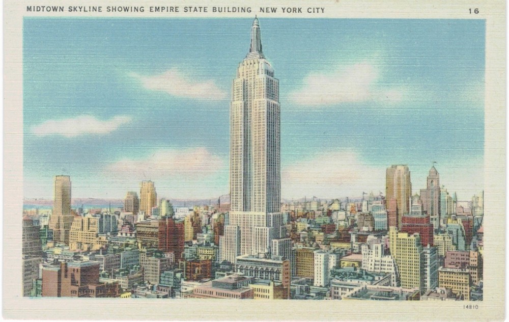 NYC Midtown Skyline Empire State Building Linen 1950 New York City