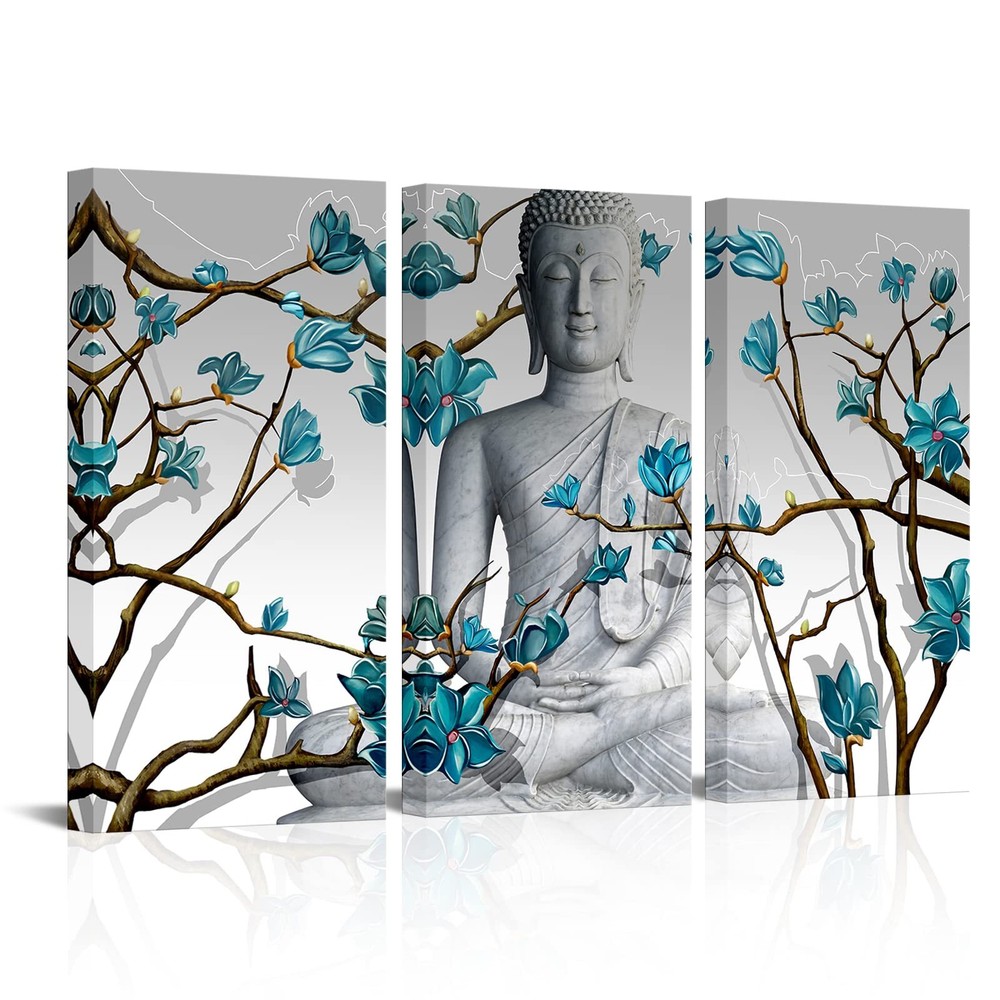 3-Piece Buddha Wall Art: Buddha Statue with Abstract Blue Flowers, Canvas Prints-image