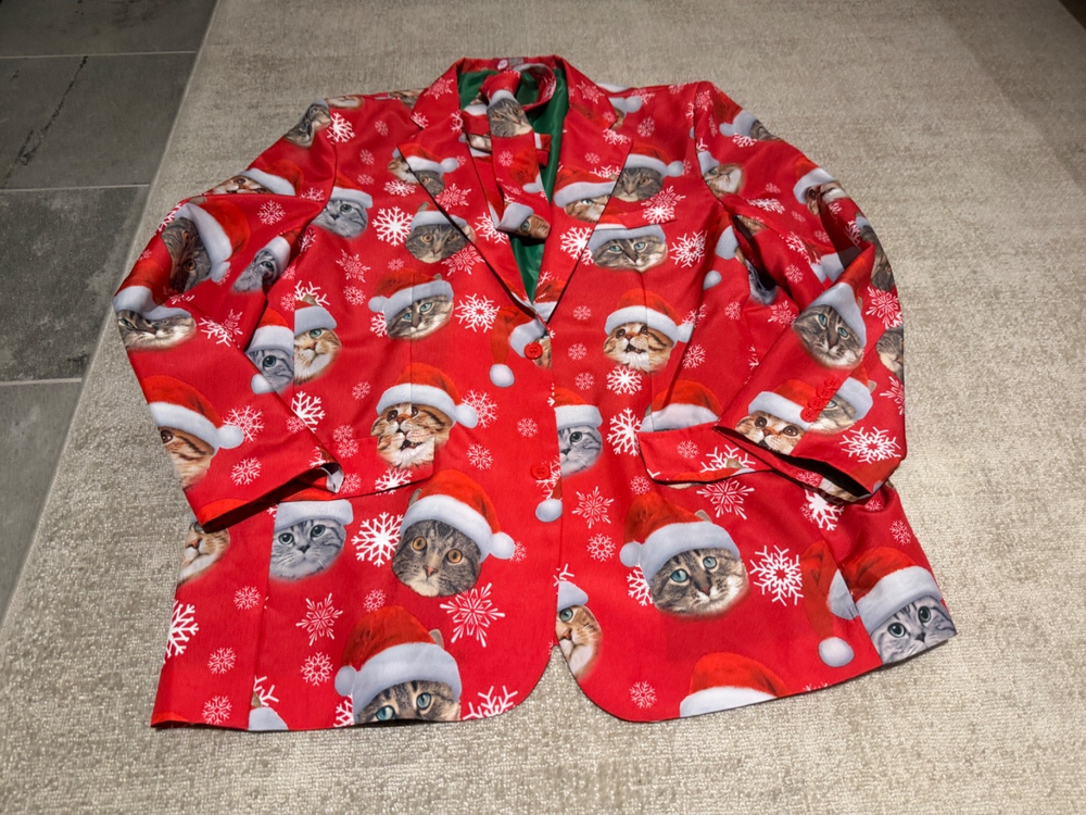 DEC 25TH CHRISTMAS BLAZER JACKET WITH CATS AND TIE FESTIVE FUN  SZ XXL