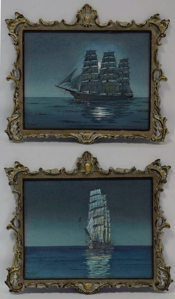 Old paintings (set of 2 pieces) sailing ships, oil, signed.