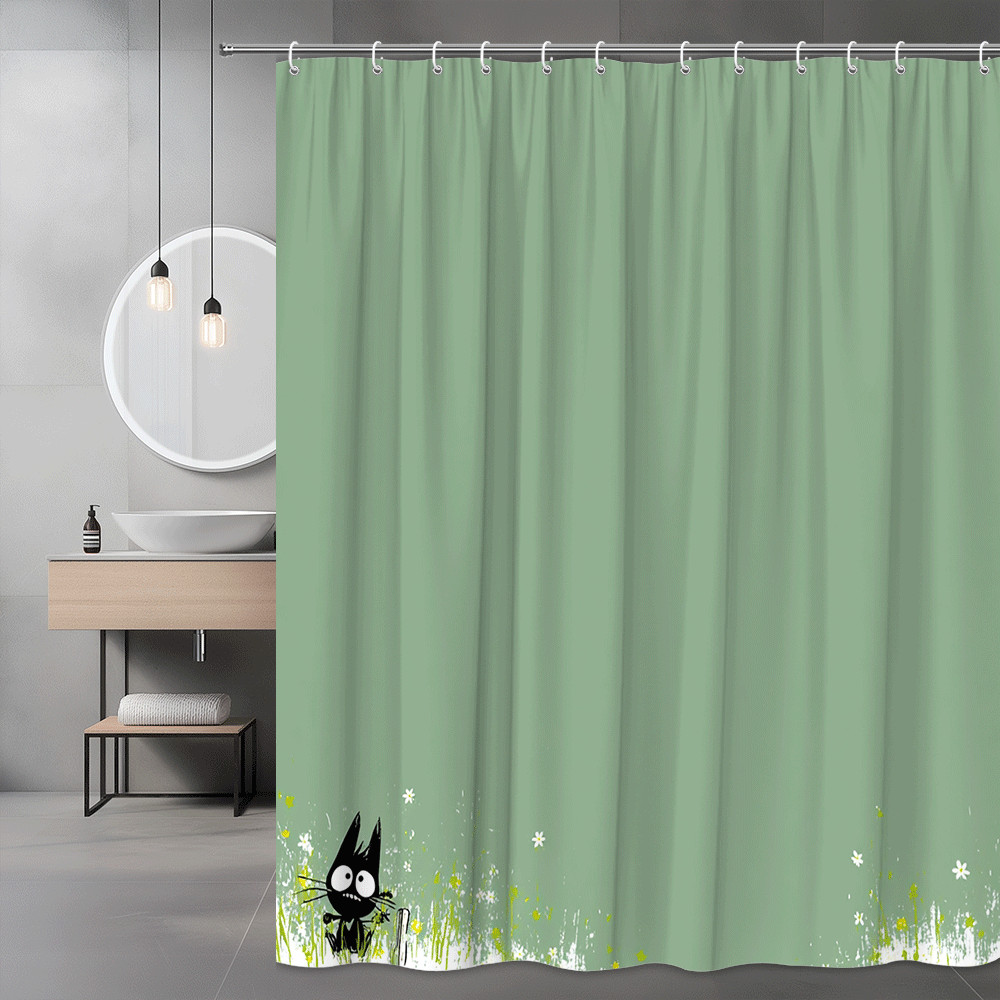 Black Cat Floral Shower Curtain Green Cartoon Graphic