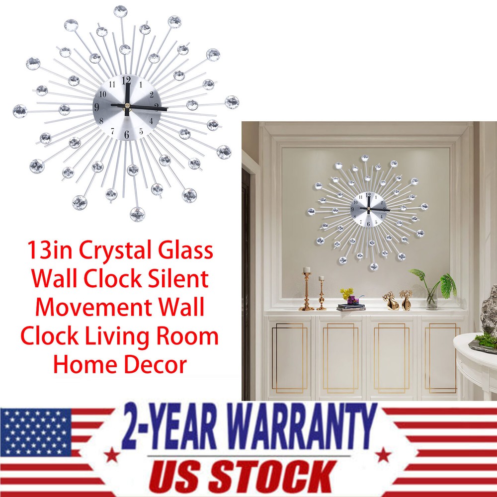 13in Silent Crystal Glass Wall Clock for Living Room Home Decor