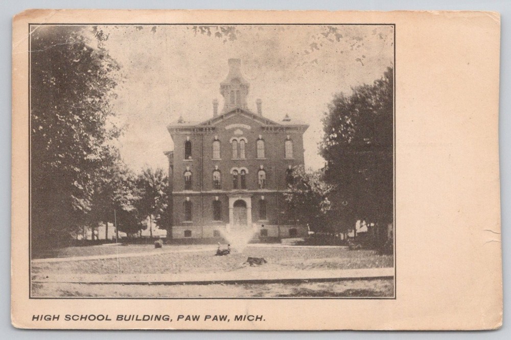 Paw Paw Michigan High School Building Postcard Van Buren County MI