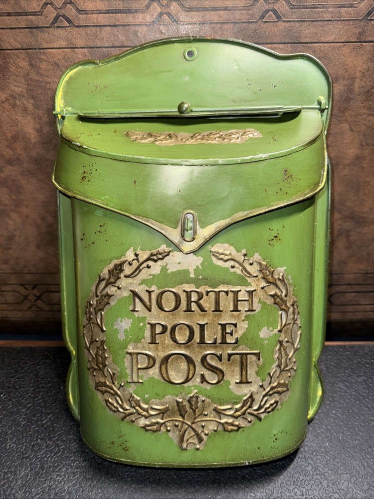 Vtg Style Christmas North Pole Post Mailbox Green Galvanized Metal Santa Letters