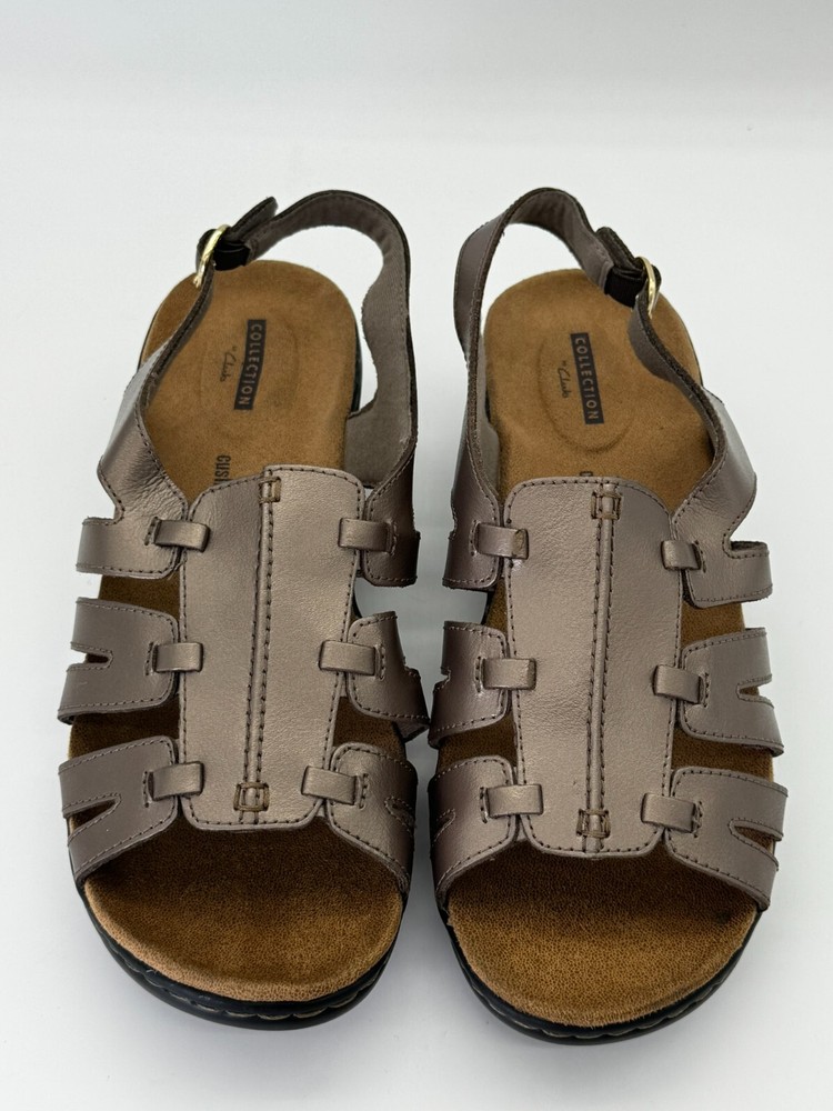 Clarks Lexi Marigold Pewter Gold Multi Sandal Size 9 Wide with Soft Cushion EUC