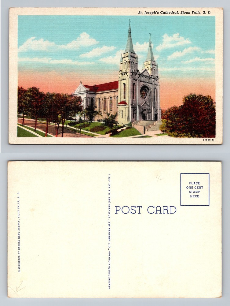 Sioux Falls, SD-South Dakota St. Joseph’s Cathedral Twin Spires Vintage Postcard
