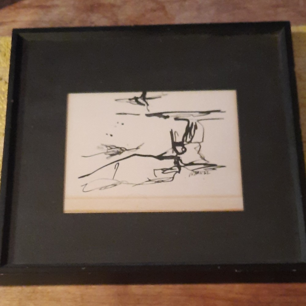 Abstract Ink Drawing Framed Small Single Piece Artwork Ink on Paper Modern Decor