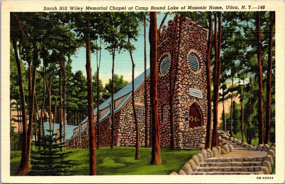 Sarah Hill Wiley Chapel Masonic Home Camp Round Lake Utica NY Linen Postcard