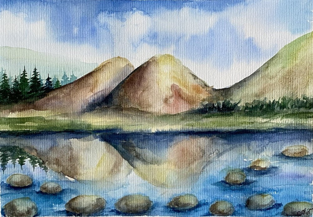 Original Watercolor Art Acadia National Park Painting Jordon Pond Art Landscape-image