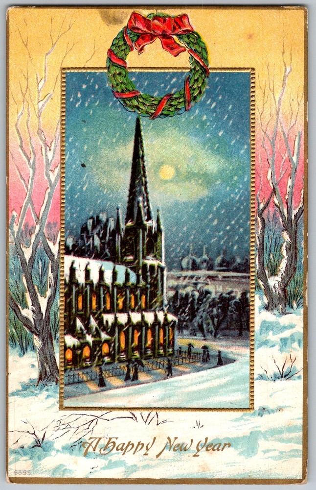 Antique Postcard New Year Church Steeple 1910s
