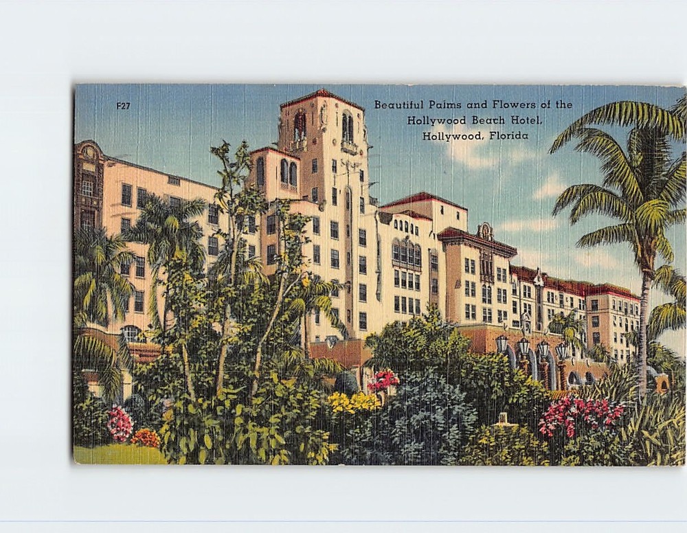 Postcard Beautiful Palms and Flowers of the Hollywood Beach Hotel Florida USA