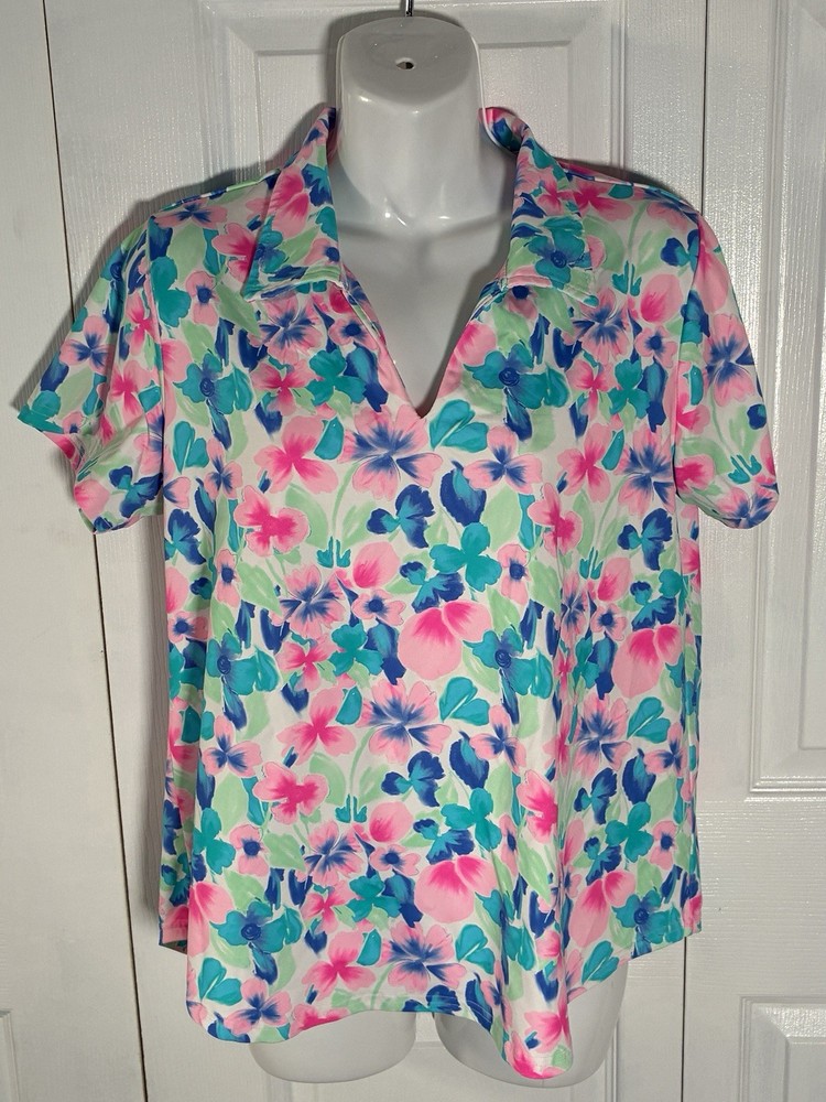 Lulu-B Colorful Comfy Clothing Pink Petals Floral Collared Blouse Size Large