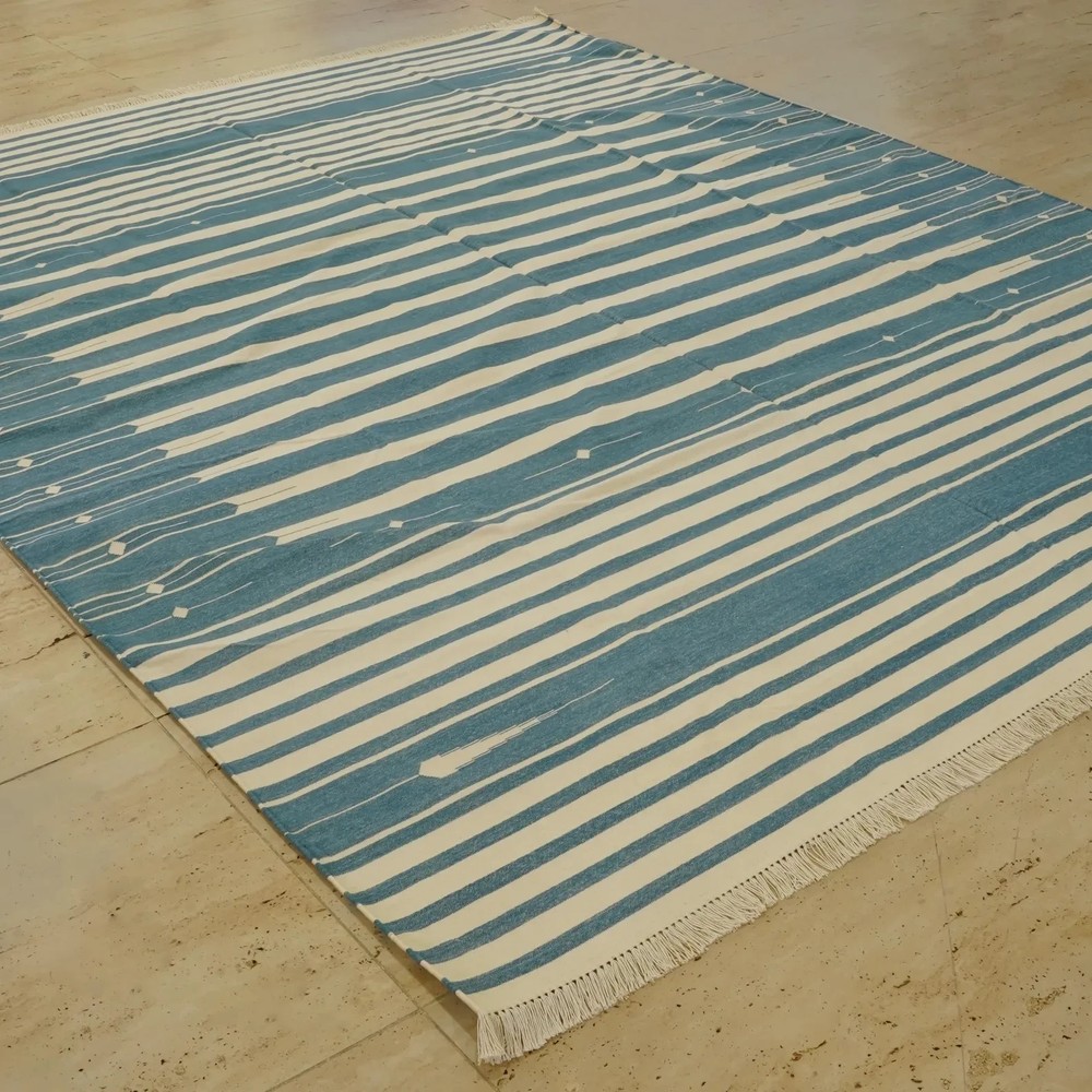 Hand Knotted Cotton Kilim Dhurrie Rug Color Teal Blue, Beige Design Carpet Rug