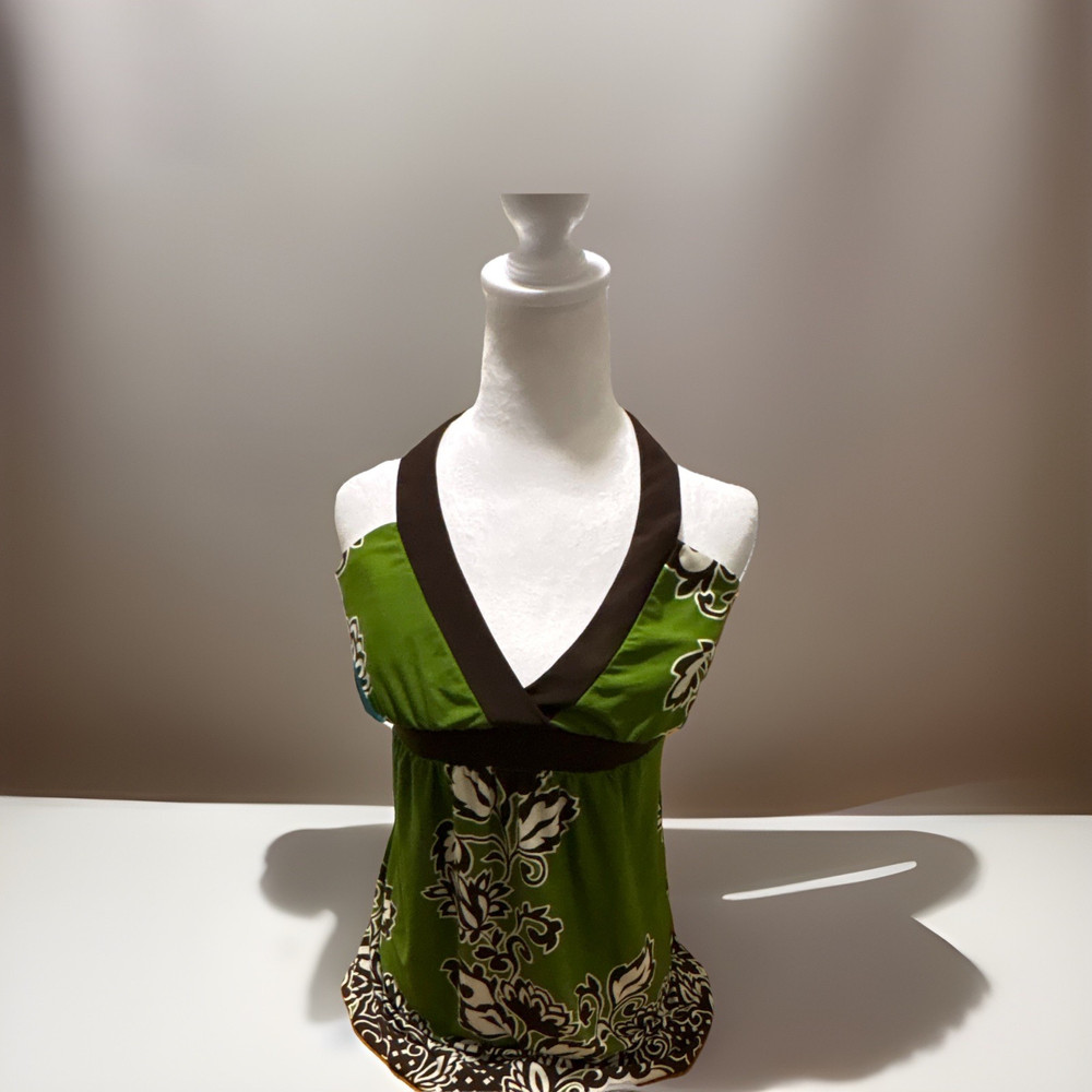 Enyce Green Black White Floral Halter Tie V-Neck Sleeveless Top Women's Size L