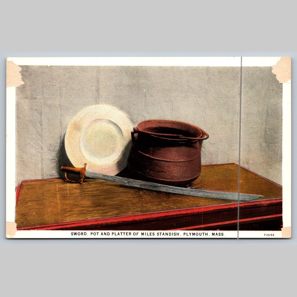Postcard Sword, Pot and Platter of Miles Standish Plymouth MA
