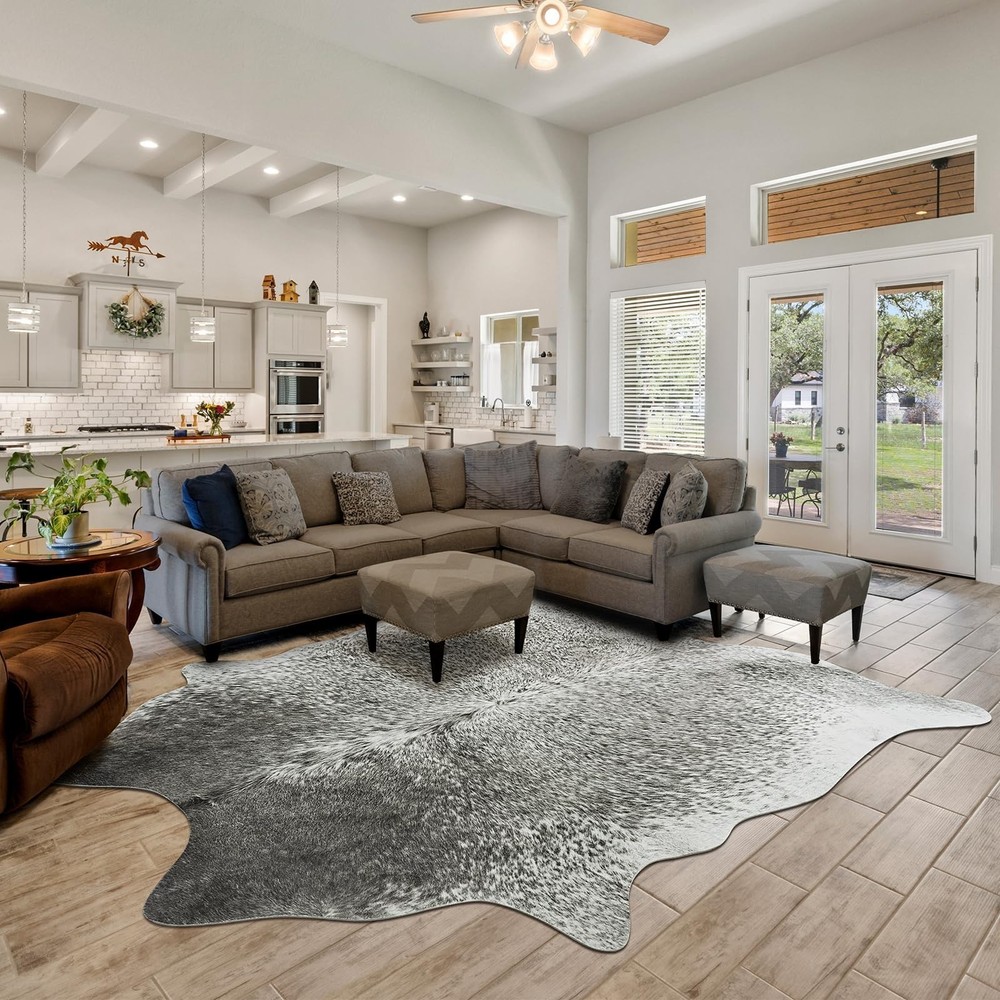 Grey Faux Cowhide Rug 4.6x5.2 Feet Cow Print Skin for Living Room