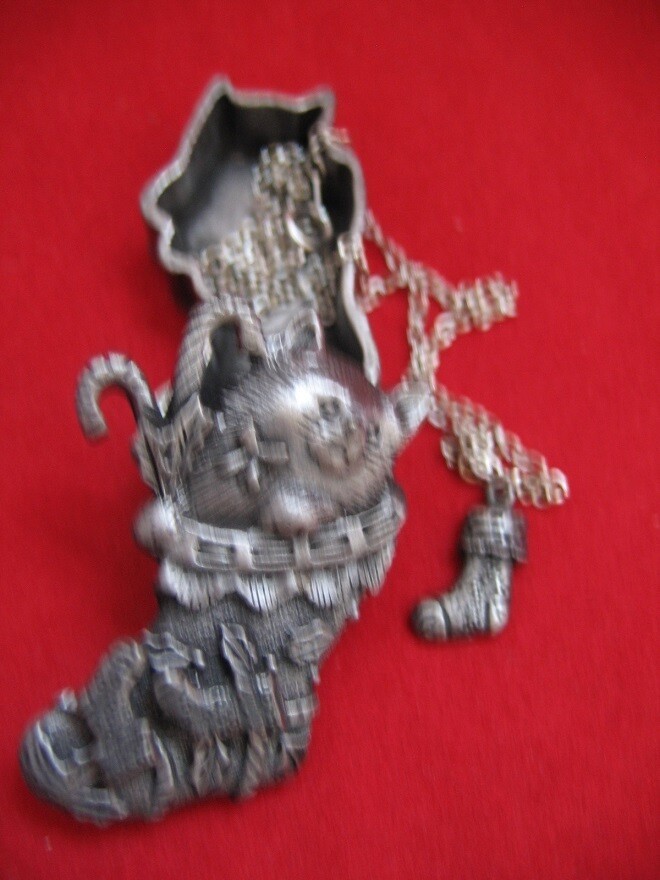 TORINO PEWTER CAT CHRISTMAS Jewelry Set BROOCH PIN EARRING NECKLACE BOX Vintage
