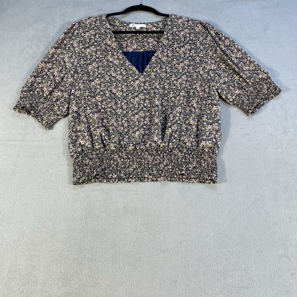 DR2 Women's Gray & Pink Floral Ditsy Print Smocked Waist Puff Sleeves Top, XL